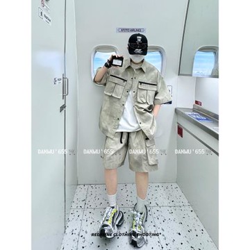 (免運)夏季新款男士韓版寬松臟洗套裝短袖工裝短褲夾克簡約百搭時尚穿搭