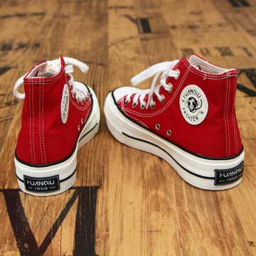 環球高幫厚底帆布鞋女2025年夏季新款紅色高邦鞋韓版百搭運動板鞋