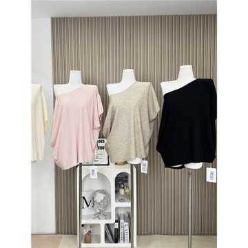 朵來美 斜肩蝙蝠袖針織T恤女夏季百搭慵懶寬松顯瘦上衣