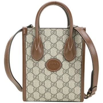 GUCCI 古馳 Interlocking G 復古老花帆布迷你手提 肩背包(棕色)