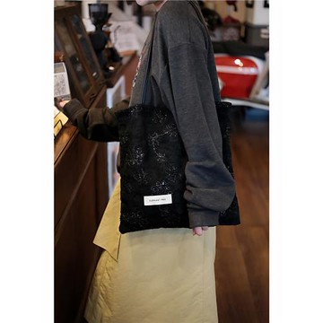 黑色蕾絲單肩包帆布包大容量小眾包包復古通勤新款布袋高級感女士