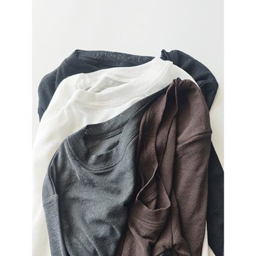 日單日系黑白灰棕實用百搭彈力透視感長袖大圓領打底衫T恤上衣女