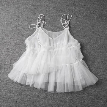 法式蝴蝶結綁帶層層網紗吊帶背心女夏季木耳邊疊穿小吊帶上衣外穿