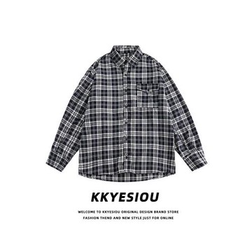 KKyesiou美式潮牌格子學院風長袖襯衫男女復古休閑百搭情侶薄外套