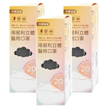 順易利 4D立體醫用成人口罩  黑色  20片  3盒