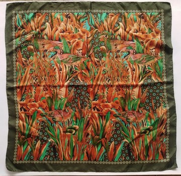 復古鴨子池塘美景絲巾，30 x 30 英吋，100% 真絲，日本製造