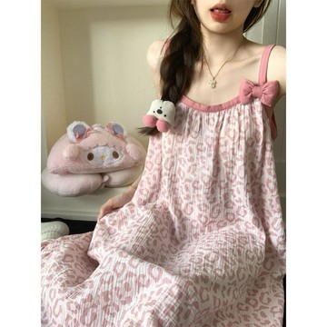 睡裙🎀 韓系粉色睡裙豹紋吊帶舒適睡衣女夏季蝴蝶結甜美少女可外穿家居服 大尺碼睡衣 豹紋裙 可愛睡裙 吊帶睡衣 豹紋睡衣