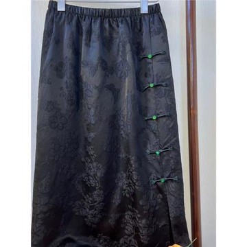 新中式2025春半身長裙黑色提花冠樂皺真絲顯瘦100%桑蠶絲新百搭