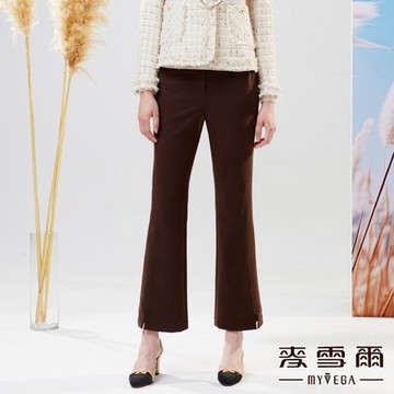 MYVEGA麥雪爾 毛呢直條紋褲口開衩彈性喇叭長褲-咖啡