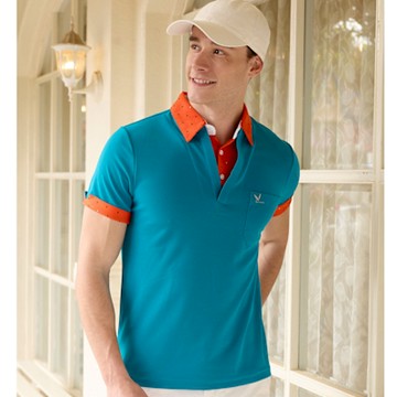 LEIDOOE假兩件棉感吸排男短POLO衫(96166)湖藍綠/點點橘