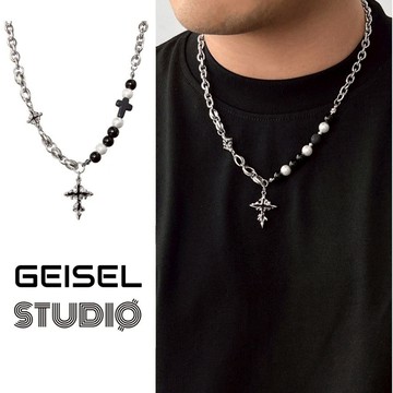 【GEISEL】十字架珠子拼接鍊 中性項鍊 男生項鍊 珍珠項鍊 潮款鈦鋼項鍊 嘻哈項鍊 不鏽鋼項鍊(B-084)