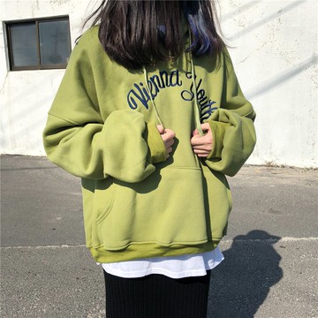 秋裝刺繡字母寬松連帽套頭衛衣女學生百搭休閑長袖上衣外套1入