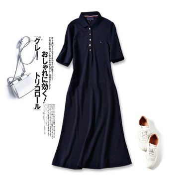 復古polo領純棉運動休閑短袖連衣裙女夏新款修身顯瘦藏青色中長裙