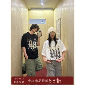 longroad 霧化人像*美式復古街頭寬松休閑短袖t恤vibe情侶款體恤