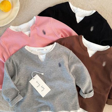 兒童假兩件T恤男2026春秋新款小童華夫格上衣寶寶潮牌上衣女洋氣