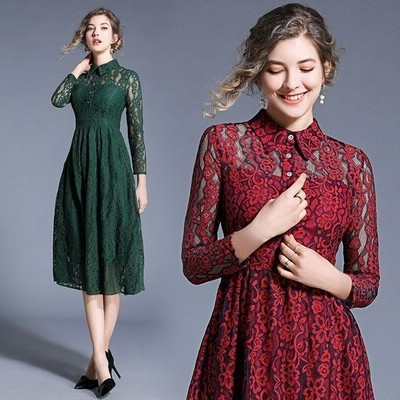 フォーマル レース ワンピース 卒業式 ロング ドレス 結婚式 緑 前開き総レースシャツワンピース 赤s M L Xl 2xl 通販 Lineポイント最大get Lineショッピング