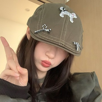 蝴蝶結美式復古小狗前進帽逛街百搭秋季大頭圍日系畫家帽貝雷帽子