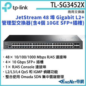 【KingNet】TP-LINK JetStream 48 埠 Gigabit L2 管理型交換器(含 4 個 SFP 插槽) TL-SG3452