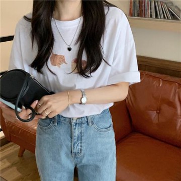 韓國chic夏季新款2023短袖上衣寬松百搭圓領ins可愛貓咪印花T恤女