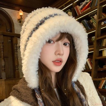 臺灣出貨12H🌈毛絨絨顯臉小秋冬大頭圍保暖防寒雷鋒帽子可愛綁帶毛線針織套頭帽