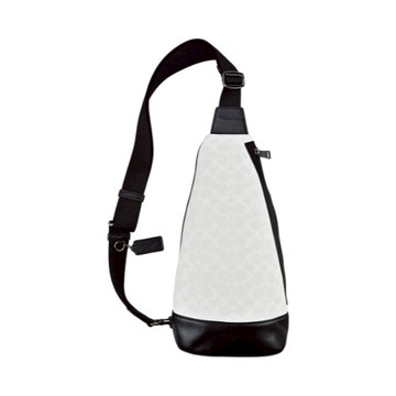 [平輸版] 【COACH】白色C LOGO PVC拼接黑色皮革直式單肩胸背斜後背男包 真品平輸