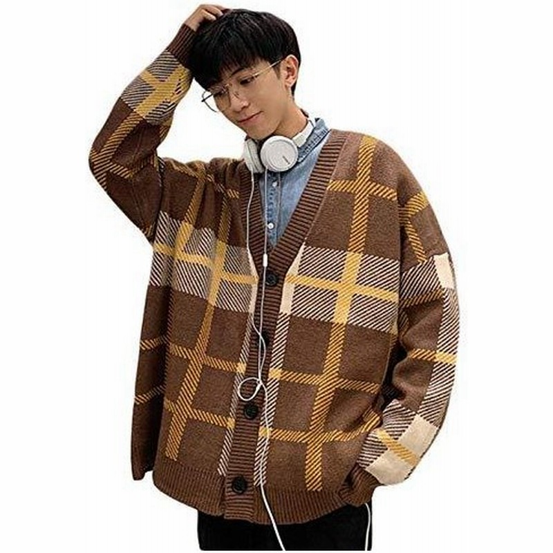 Shuming ニット カーディガン メンズ Vネック セーター カジュアル 長袖 ゆったり ニットセーター 厚手 チェック 通販 Lineポイント最大0 5 Get Lineショッピング