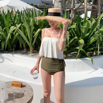 泳衣女韓國分體比基尼新款抹胸保守高腰遮肚修身顯瘦ins 溫泉泳裝