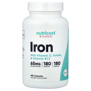 Nutricost, 女性，鐵，含維生素 C、葉酸和維生素 B12，180 粒膠囊