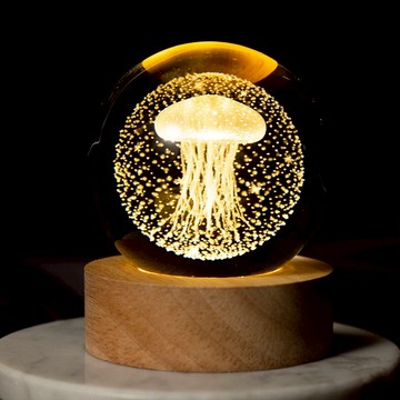 ALL SPLENDID 水母 水晶球 6cm + USB實木燈座 7 x 2cm  單色暖光