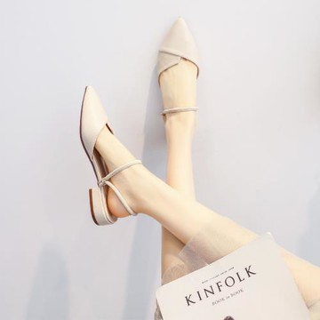 包頭涼鞋女2025年夏季新款粗跟中跟尖頭百搭仙女風半拖兩穿平底鞋