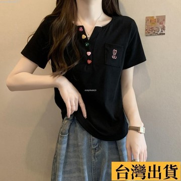 🌈台倉出庫🌈 胖MM特大碼300斤口袋刺繡正肩短袖t恤女設計感遮肉顯瘦別緻上衣夏