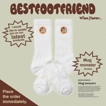 BEST FOOT FRIEND BF25006-WH MUG MONSTER 杯子怪 BFF 中筒襪 / 小腿襪 (白色)