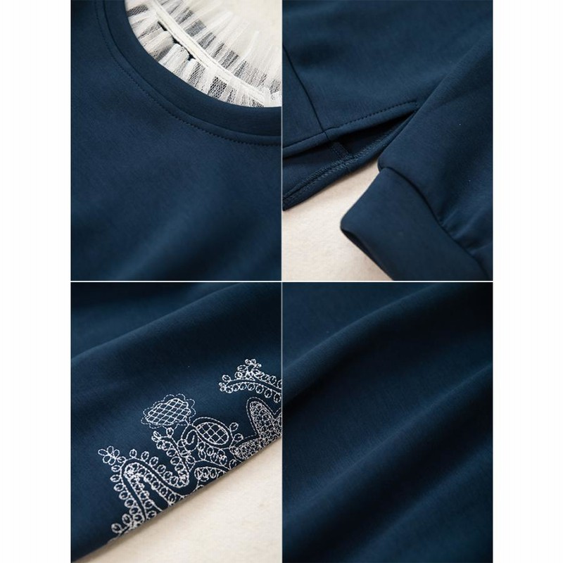 Tシャツ レディース レース かわいい 袖刺繍入り サイドベント フェイクレヤード スウェット トップス 女性 カットソー レディース Tシャツ レース かわいい サイドベント 袖刺繍入り