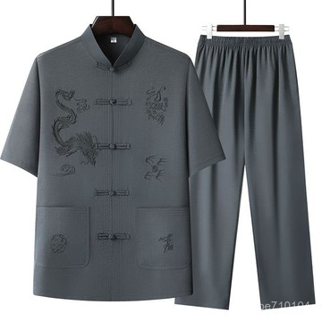 唐裝男冰絲短袖套裝爸爸裝夏裝中國風衣服中老年男裝兩件套太極服 爸爸短袖套裝 爸爸套裝 唐裝 中國風 冰絲套裝 爸爸裝