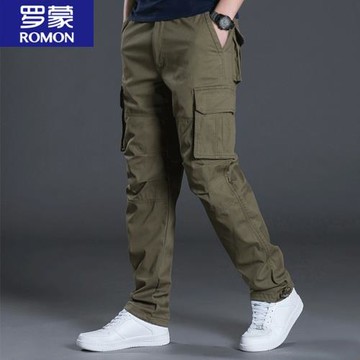 羅蒙男士2024秋冬季新款大口袋褲子加絨加厚寬松工裝休閑褲男裝潮