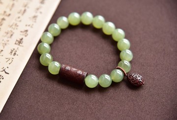 【山木】天然和田玉青海料晴水圓珠小葉紫檀手串