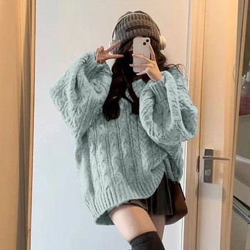 韓版慵懶風復古V領寬鬆麻花毛衣【W396】