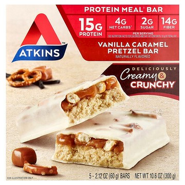 Atkins, 蛋白質餐棒，香草焦糖椒鹽捲餅，5 根，每根 2.12 盎司（60 克）