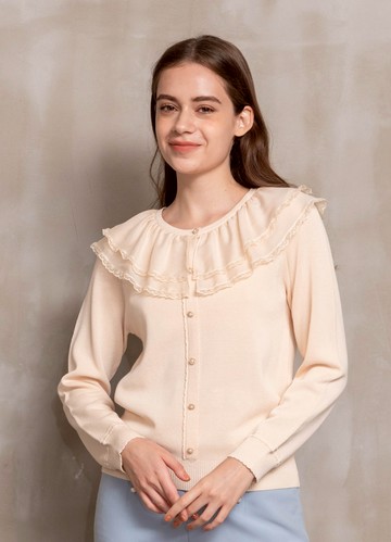 秋日柔彩光澤荷葉披領針織衫