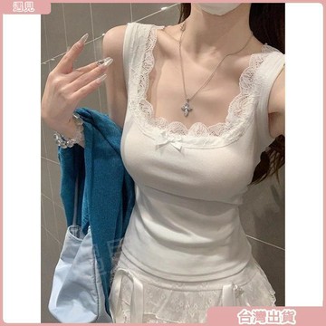 限時特價💕純欲小香風白色方領蕾絲邊吊帶背心女夏韓系洋氣百搭無袖工字上衣