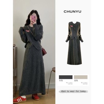 大碼秋冬一整套ootd穿搭套裝女慵懶軟糯針織毛衣半身裙兩件套裙裝