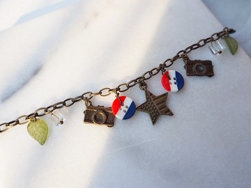 美國國旗星星 照相機 鈕扣 葉子 古銅手鍊 P56