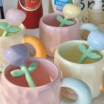 台灣現/貨 優美家奶fufu郁金香勺子陶瓷馬克杯帶蓋可愛情侶杯牛奶杯水杯套裝