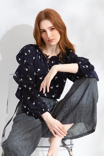 MW 荷葉袖雪紡印花長袖上衣