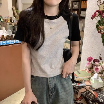 ROOLRREN 大碼 純棉 短袖T恤 辣妹 修身上衣 撞色 拼接上衣 顯瘦上衣 夏天衣服 短款上衣 衣服女