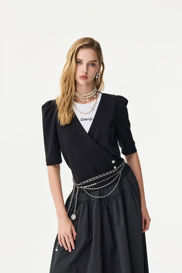 黑白配色假兩件單品上衣