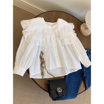 品牌童裝秋季新品女童甜美木耳邊大翻領泡泡袖A字裙擺邊襯