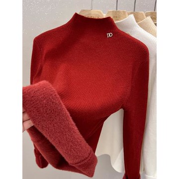 水貂絨半高領紅色加厚毛衣女內搭2025新款秋冬加絨針織打底衫上衣