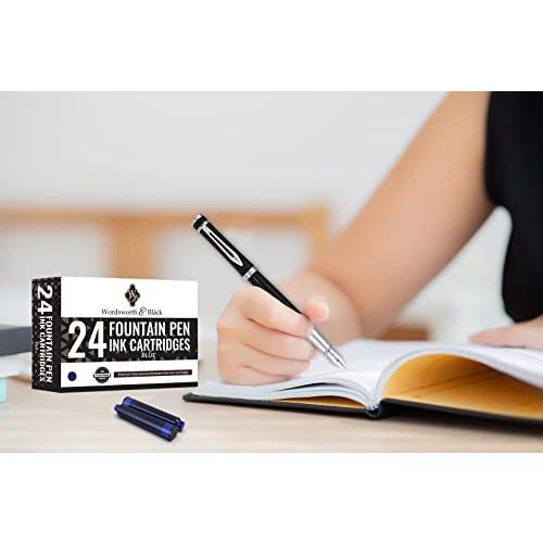 Wordsworth  Black 24 Pack Fountain Pen Ink Refills SET OF 24 BLUE Ink Cartridges International Standard Size Length Appr 1.5