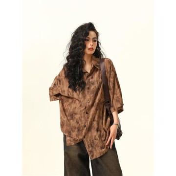 野生阿子原創水墨扎染古著感短袖襯衫女美式復古個性潮牌夏季襯衣